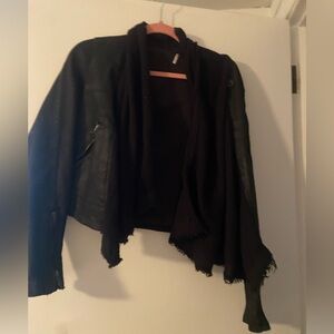 Free people- black leather jacket with black scarf around edge.